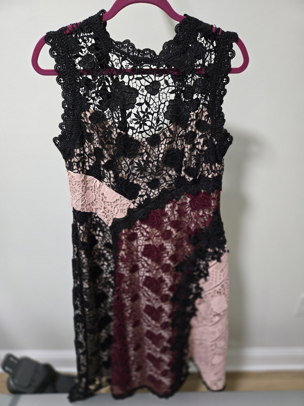 Nanette Lepore Black Lace Midi Dress with Blush and Burgundy Panels